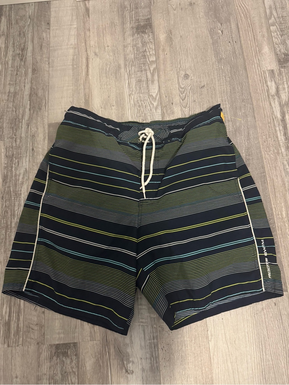 Roots Men's Navy Board Shorts with Green and Light Blue Stripes